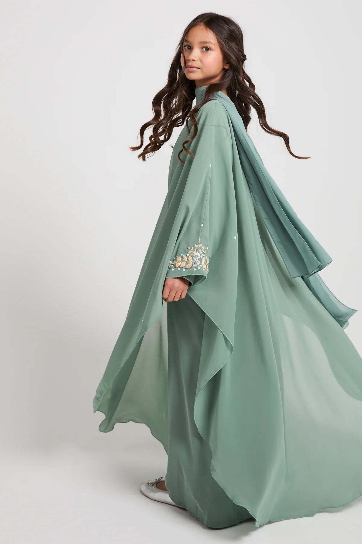 Junior Girls Embroidered Chiffon Overlay Butterfly Cut Closed Abaya – Sage Mist - Image 9