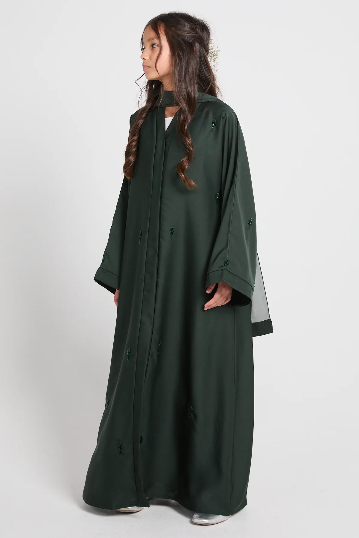 Junior Girls Emerald Botanique Embellished Open Abaya - Image 10
