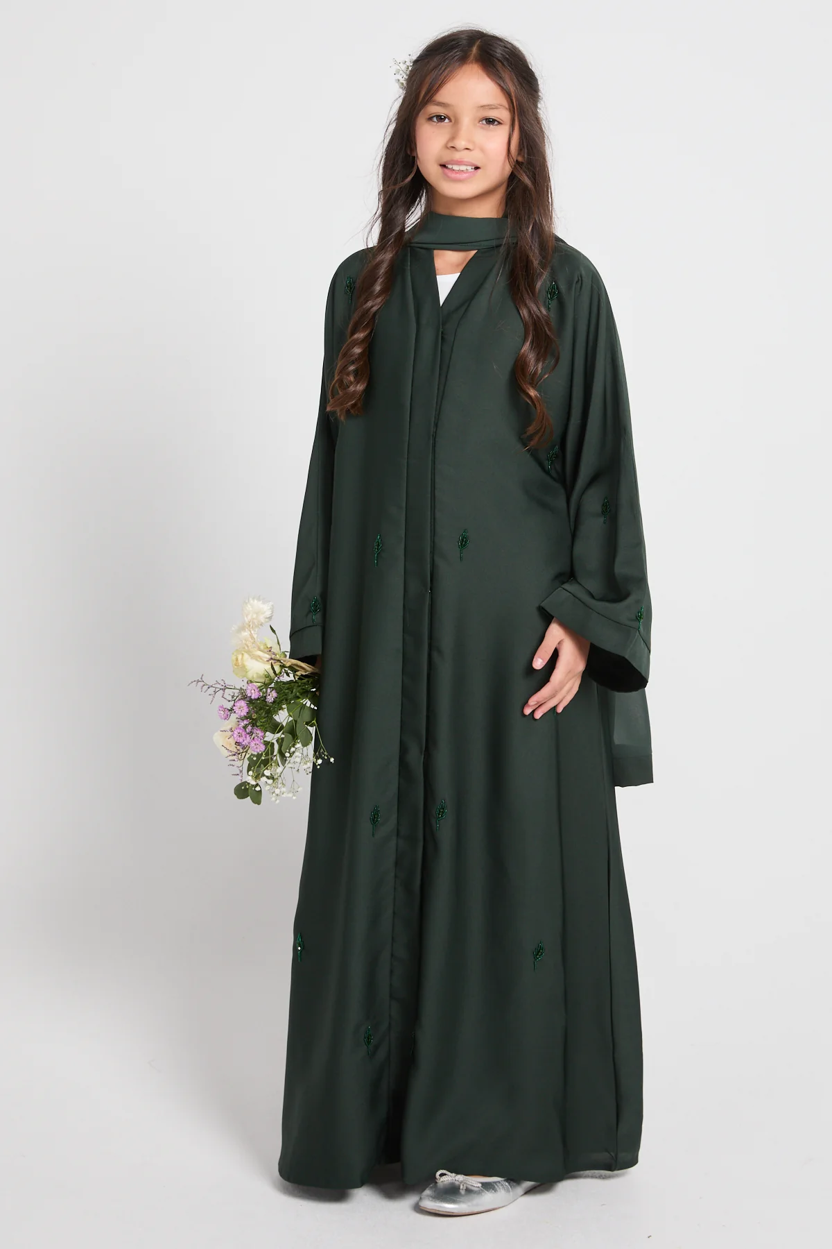Junior Girls Emerald Botanique Embellished Open Abaya - Image 8