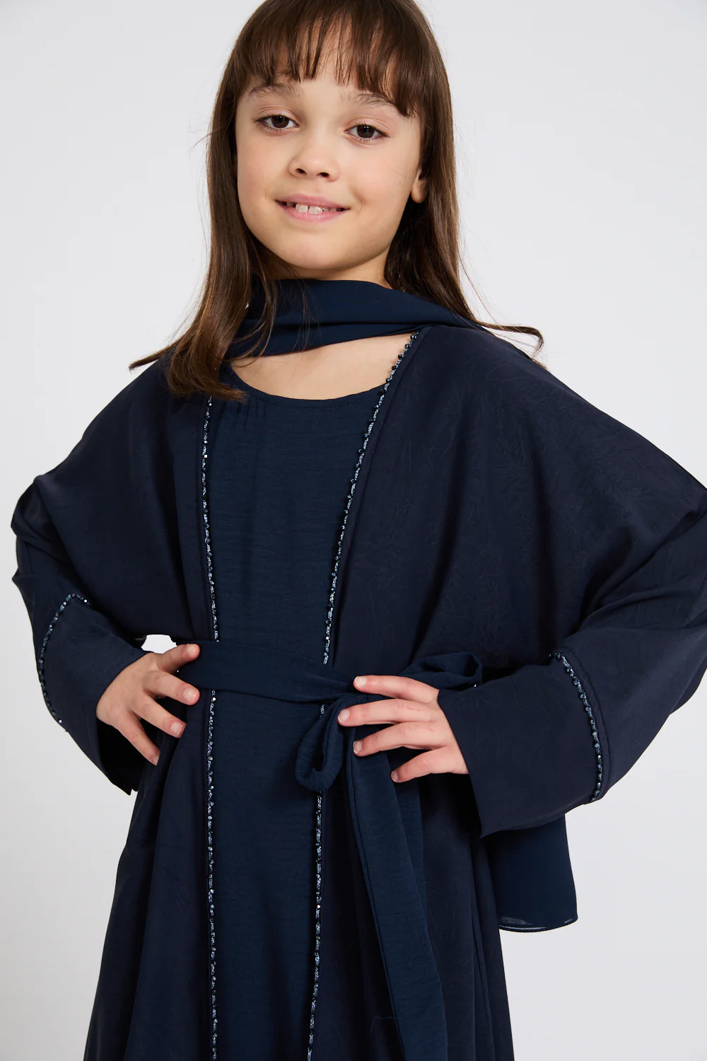 Junior Girls Four Piece Open Abaya Set with Dainty Lace Detailing - Navy - Image 3