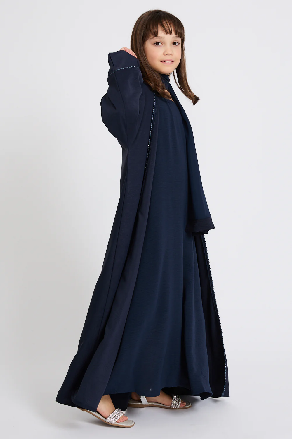Junior Girls Four Piece Open Abaya Set with Dainty Lace Detailing - Navy - Image 4