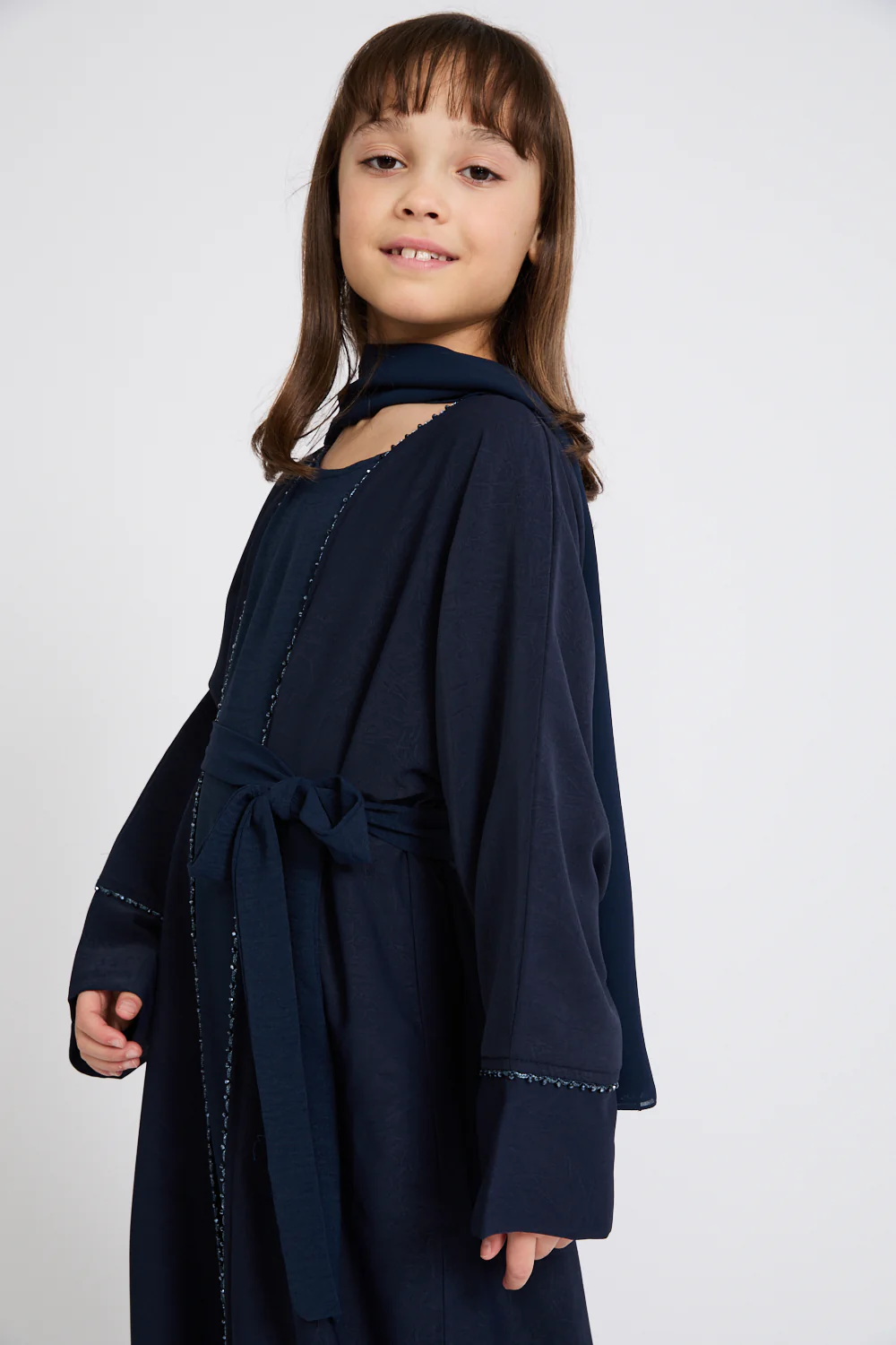 Junior Girls Four Piece Open Abaya Set with Dainty Lace Detailing - Navy - Image 5