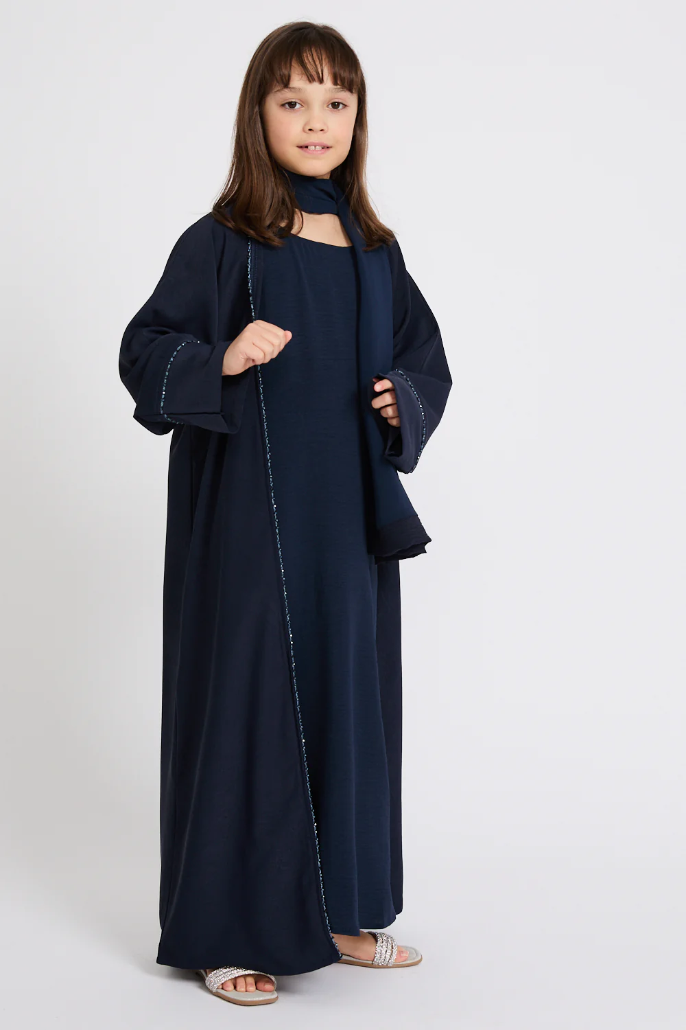 Junior Girls Four Piece Open Abaya Set with Dainty Lace Detailing - Navy - Image 6