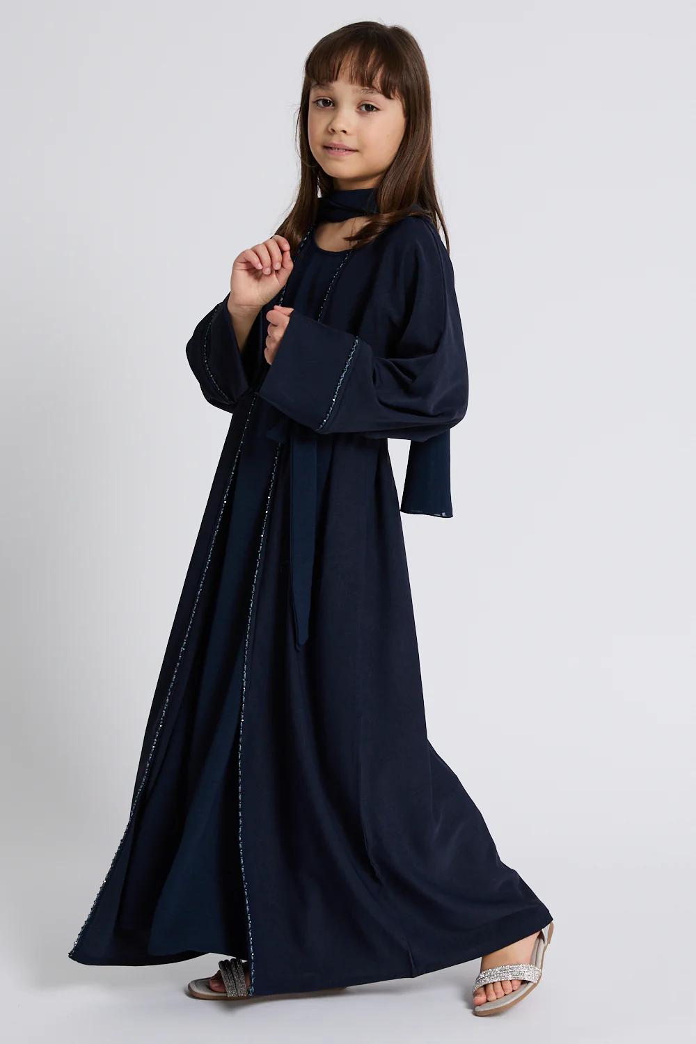 Junior Girls Four Piece Open Abaya Set with Dainty Lace Detailing - Navy - Image 7