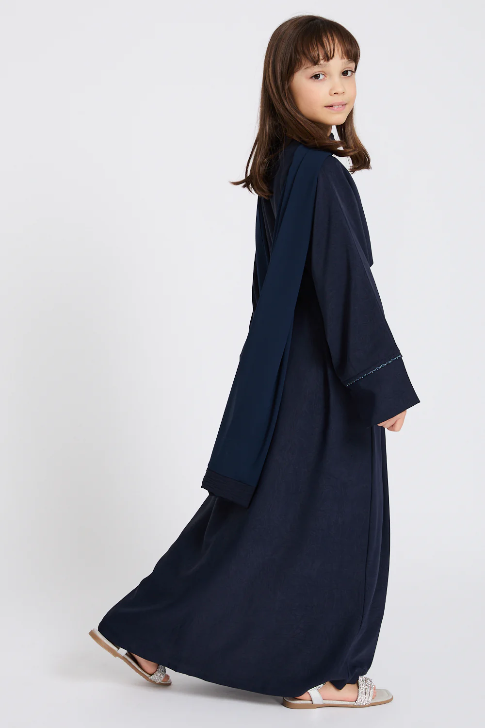 Junior Girls Four Piece Open Abaya Set with Dainty Lace Detailing - Navy - Image 8