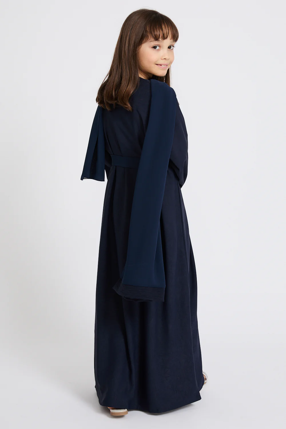 Junior Girls Four Piece Open Abaya Set with Dainty Lace Detailing - Navy - Image 9