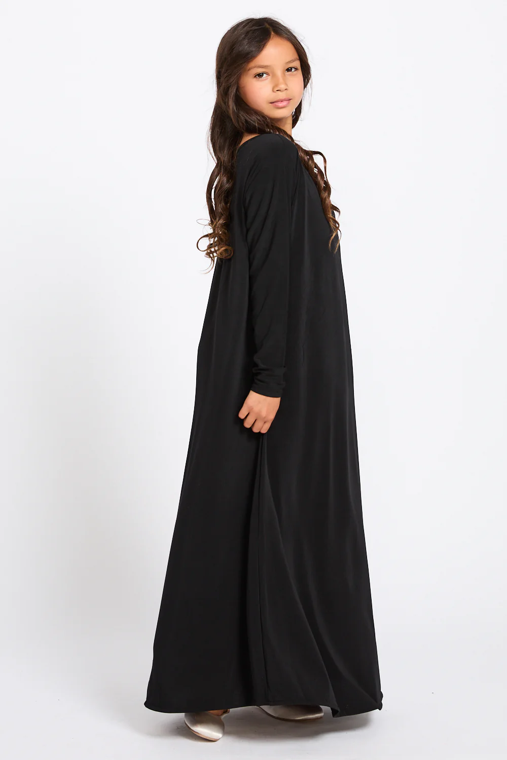 Junior Girls Jersey Plain Closed Abaya with Khimar Set - Black - Image 4