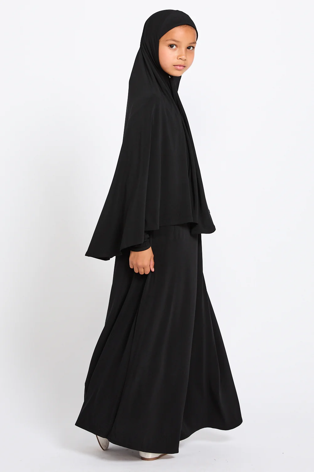 Junior Girls Jersey Plain Closed Abaya with Khimar Set - Black - Image 6