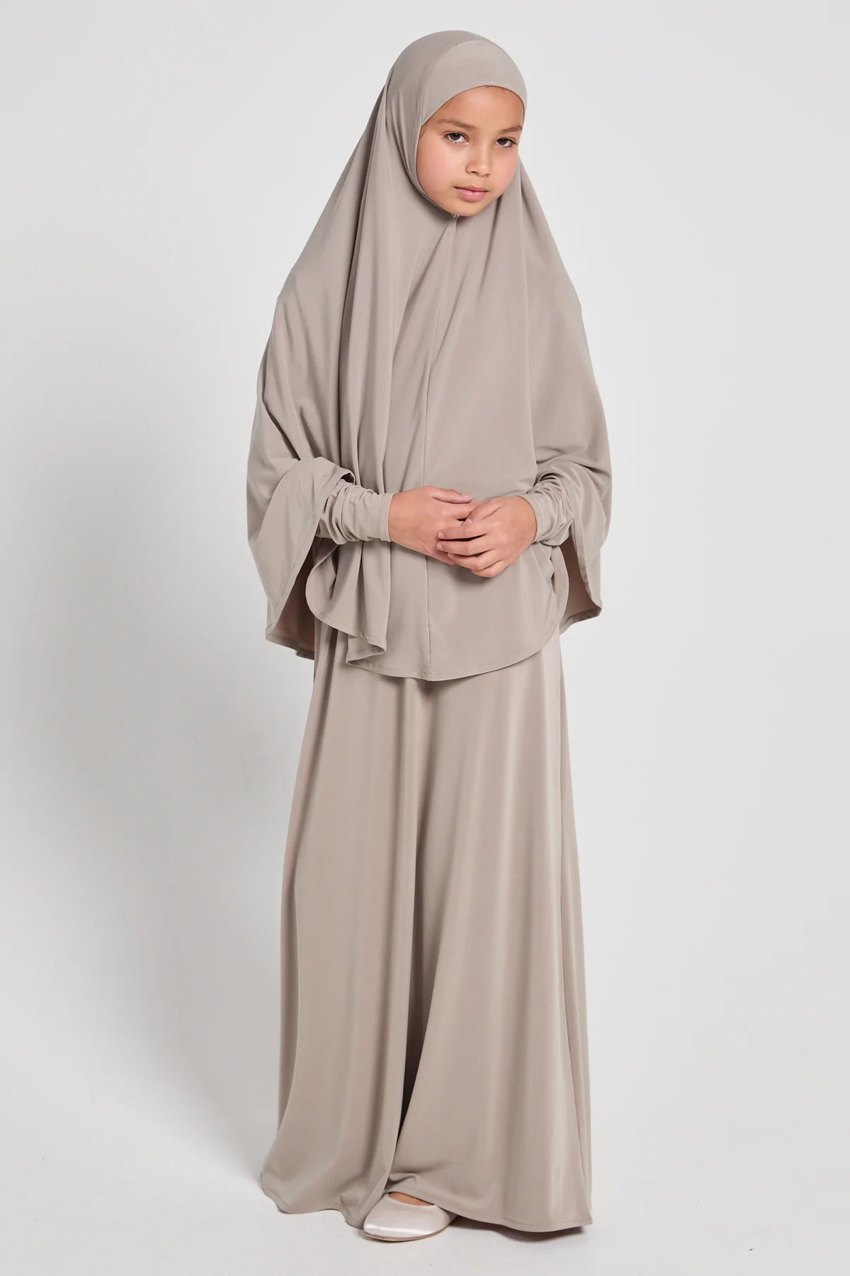 Junior Girls Jersey Plain Closed Abaya with Khimar Set - Sand Dune