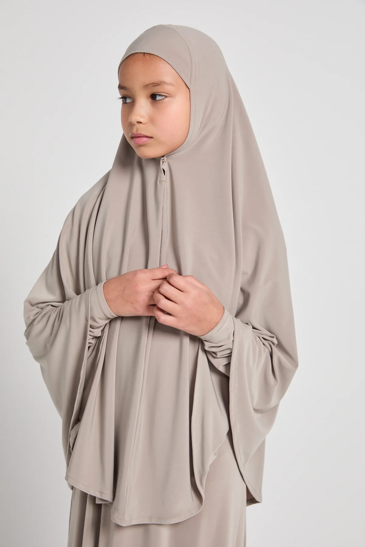 Junior Girls Jersey Plain Closed Abaya with Khimar Set - Sand Dune - Image 2