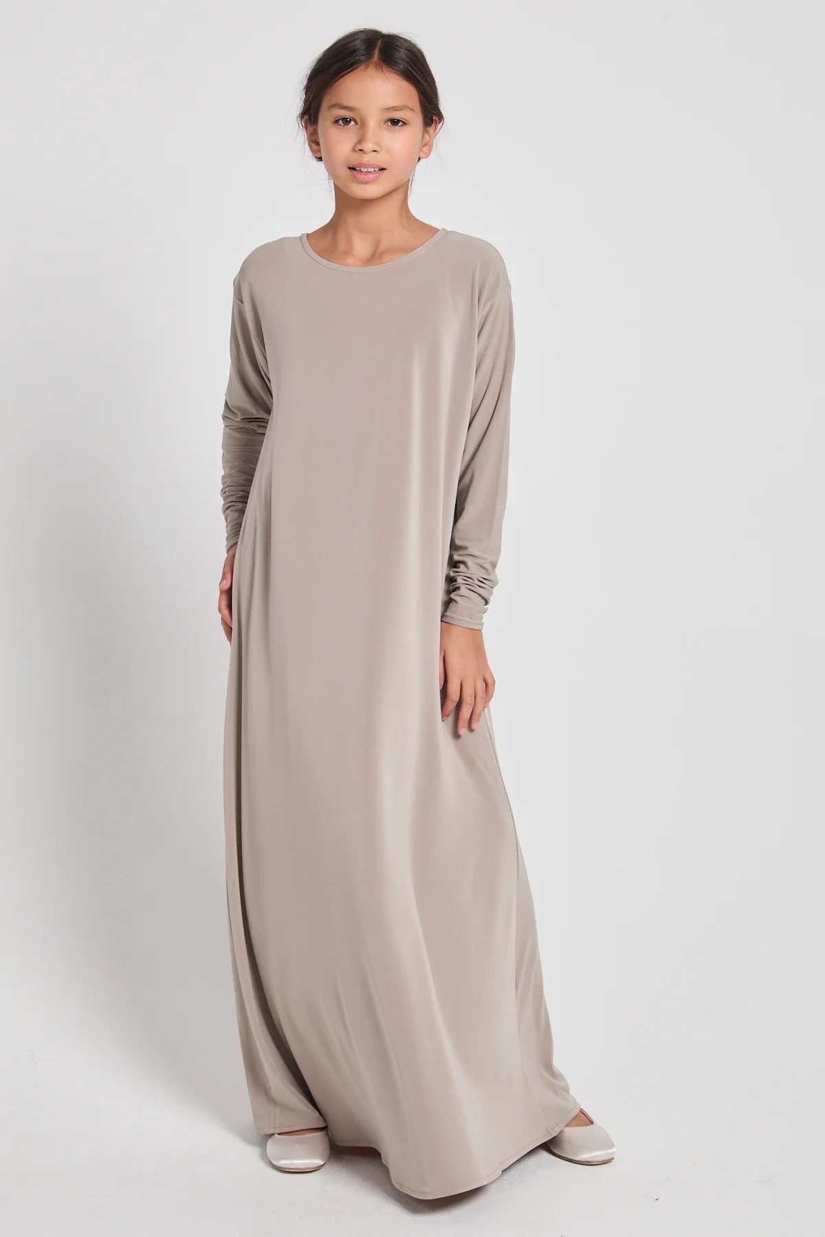 Junior Girls Jersey Plain Closed Abaya with Khimar Set - Sand Dune - Image 3