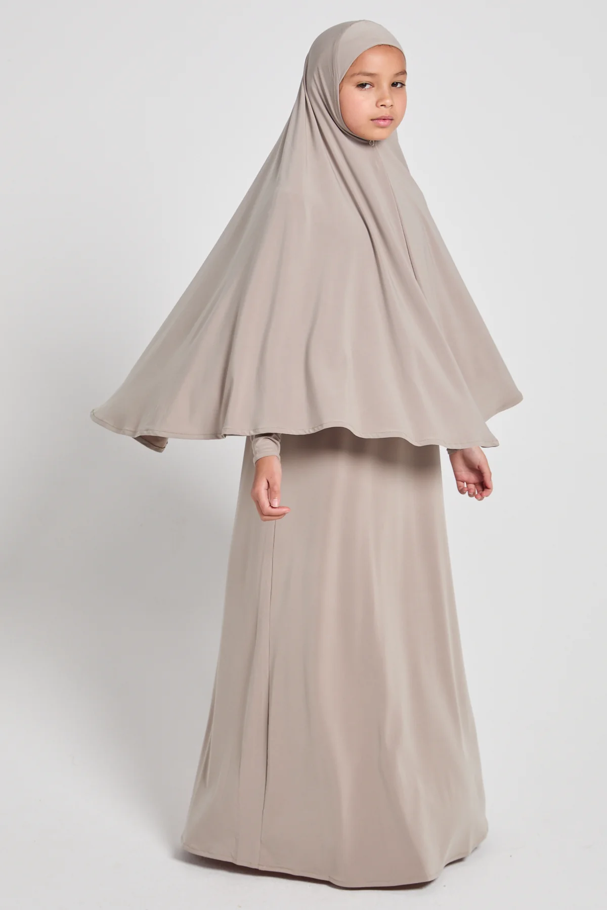 Junior Girls Jersey Plain Closed Abaya with Khimar Set - Sand Dune - Image 5