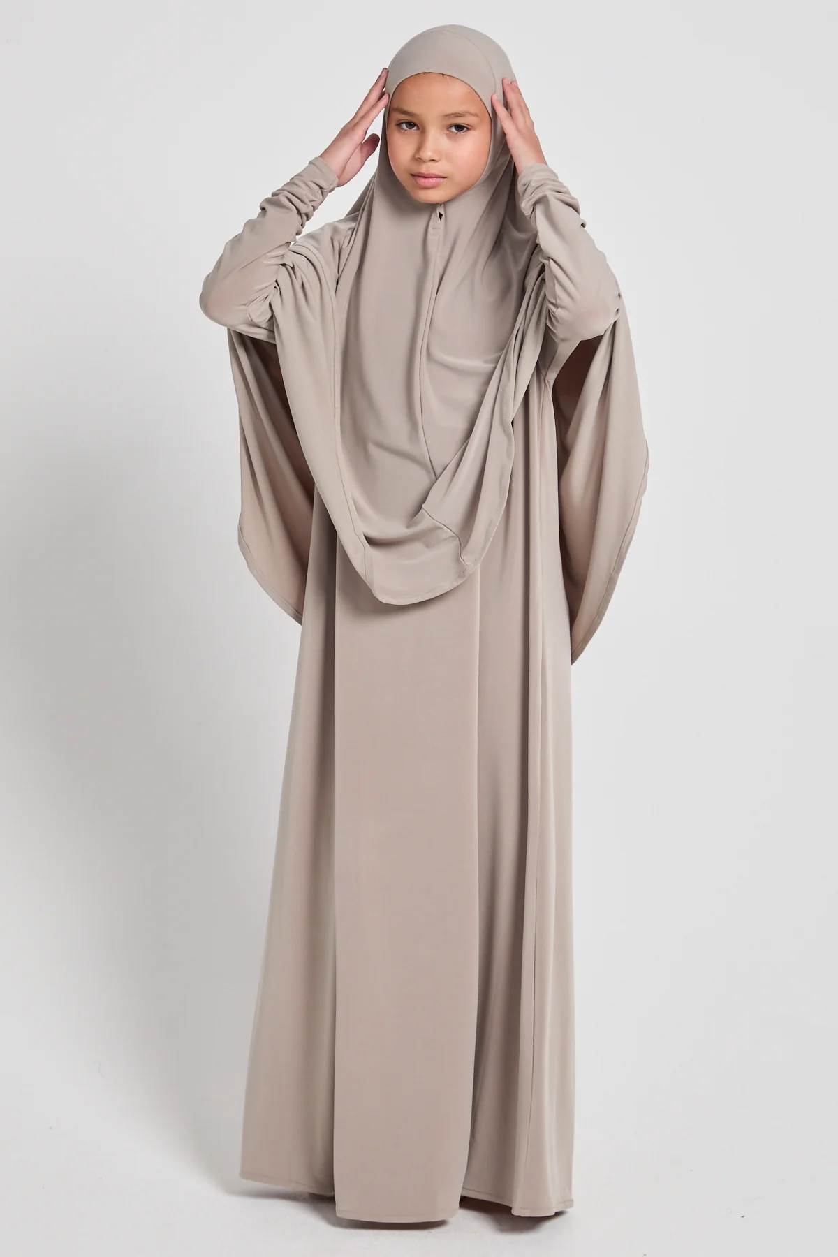 Junior Girls Jersey Plain Closed Abaya with Khimar Set - Sand Dune - Image 7