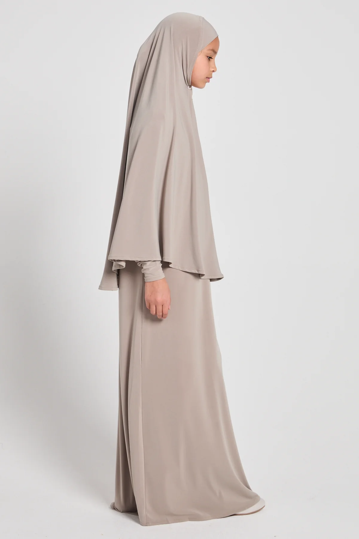 Junior Girls Jersey Plain Closed Abaya with Khimar Set - Sand Dune - Image 8