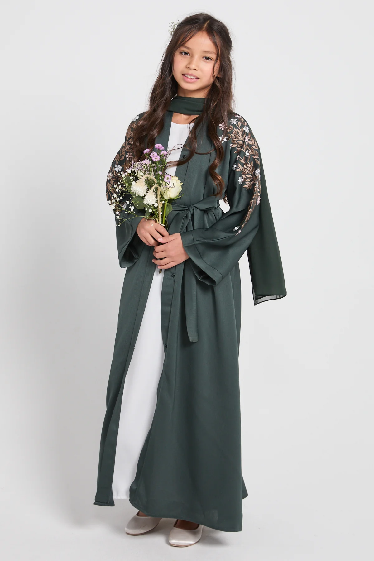Junior Girls Mallard Green Textured Floral Embroidered Open Abaya