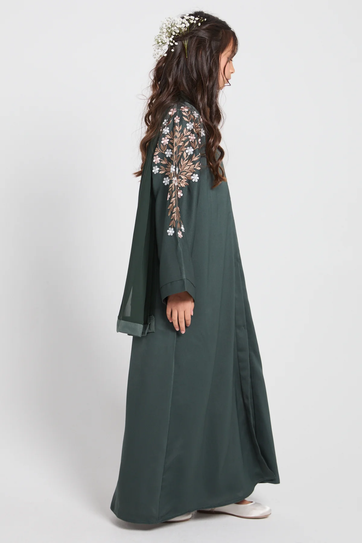 Junior Girls Mallard Green Textured Floral Embroidered Open Abaya - Image 10