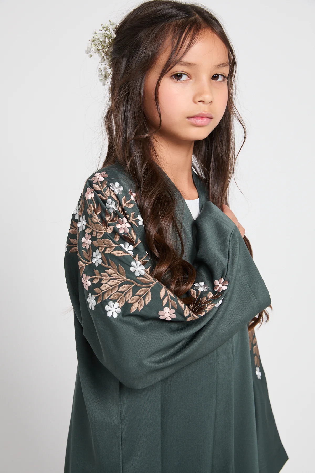 Junior Girls Mallard Green Textured Floral Embroidered Open Abaya - Image 2
