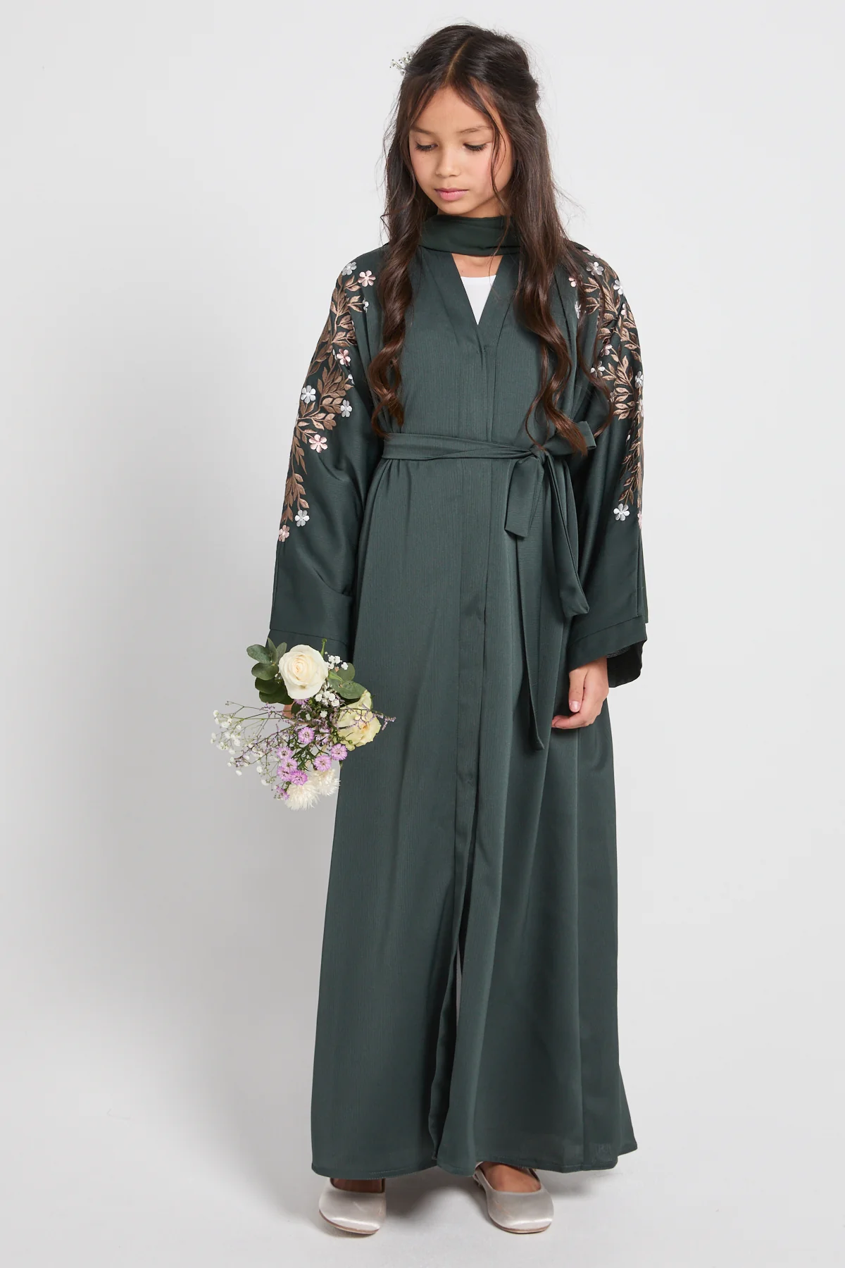 Junior Girls Mallard Green Textured Floral Embroidered Open Abaya - Image 3
