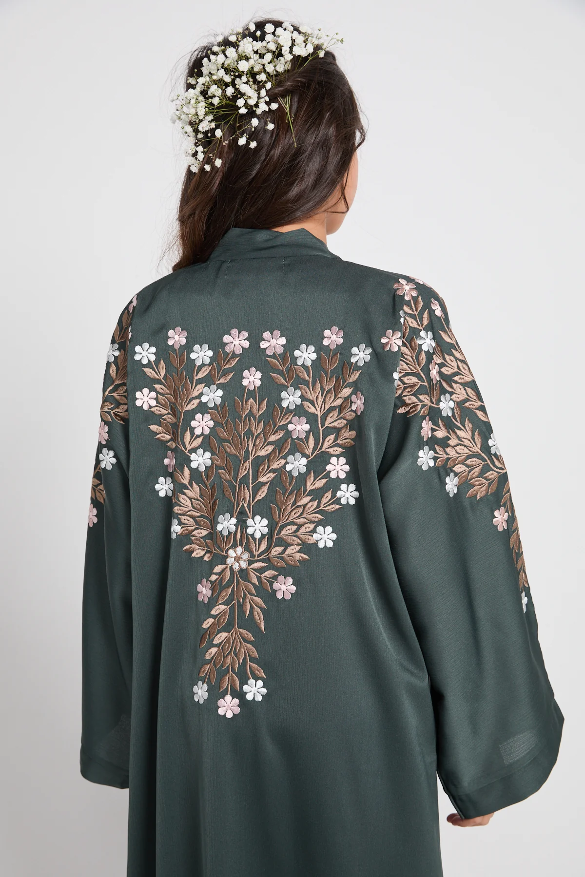 Junior Girls Mallard Green Textured Floral Embroidered Open Abaya - Image 4