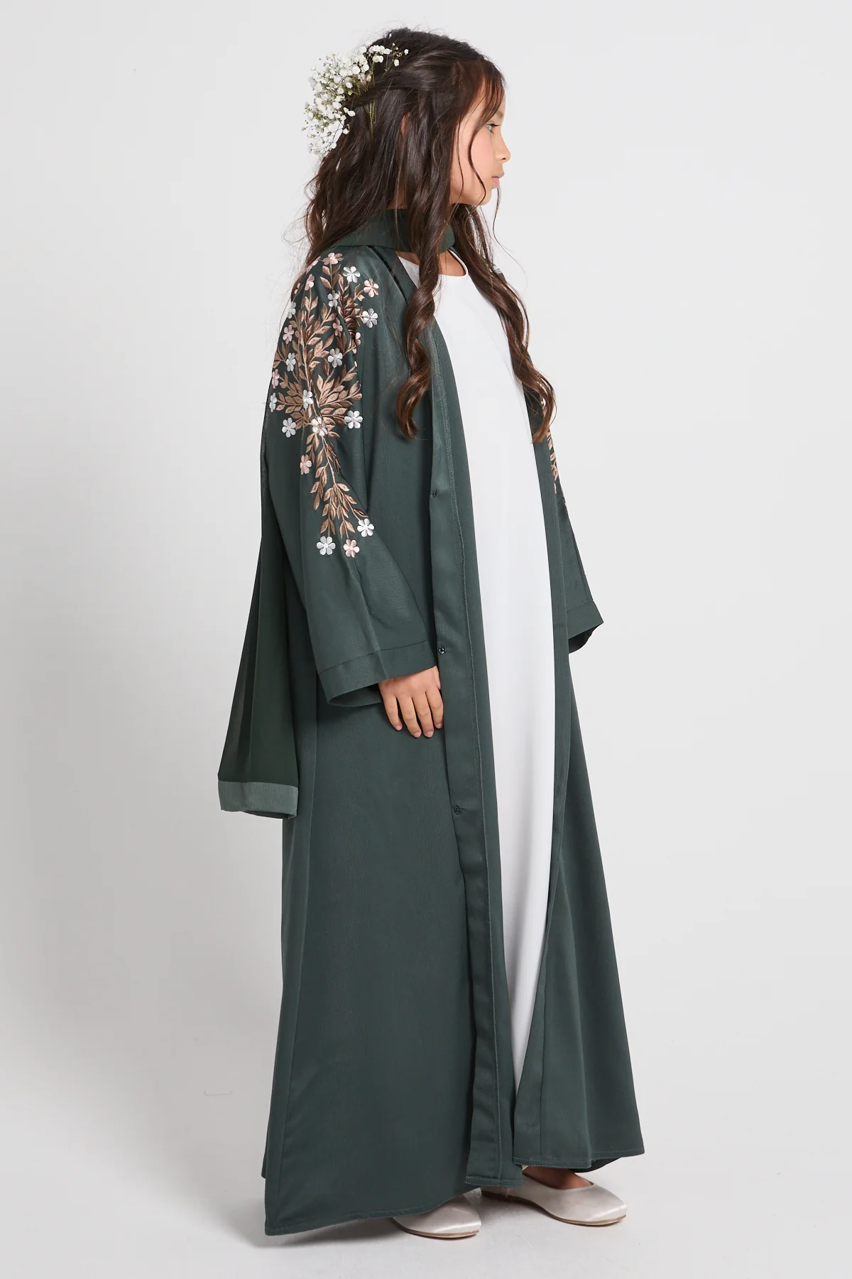 Junior Girls Mallard Green Textured Floral Embroidered Open Abaya - Image 5