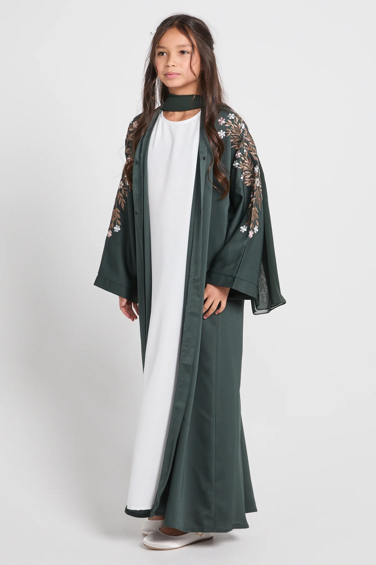 Junior Girls Mallard Green Textured Floral Embroidered Open Abaya - Image 6