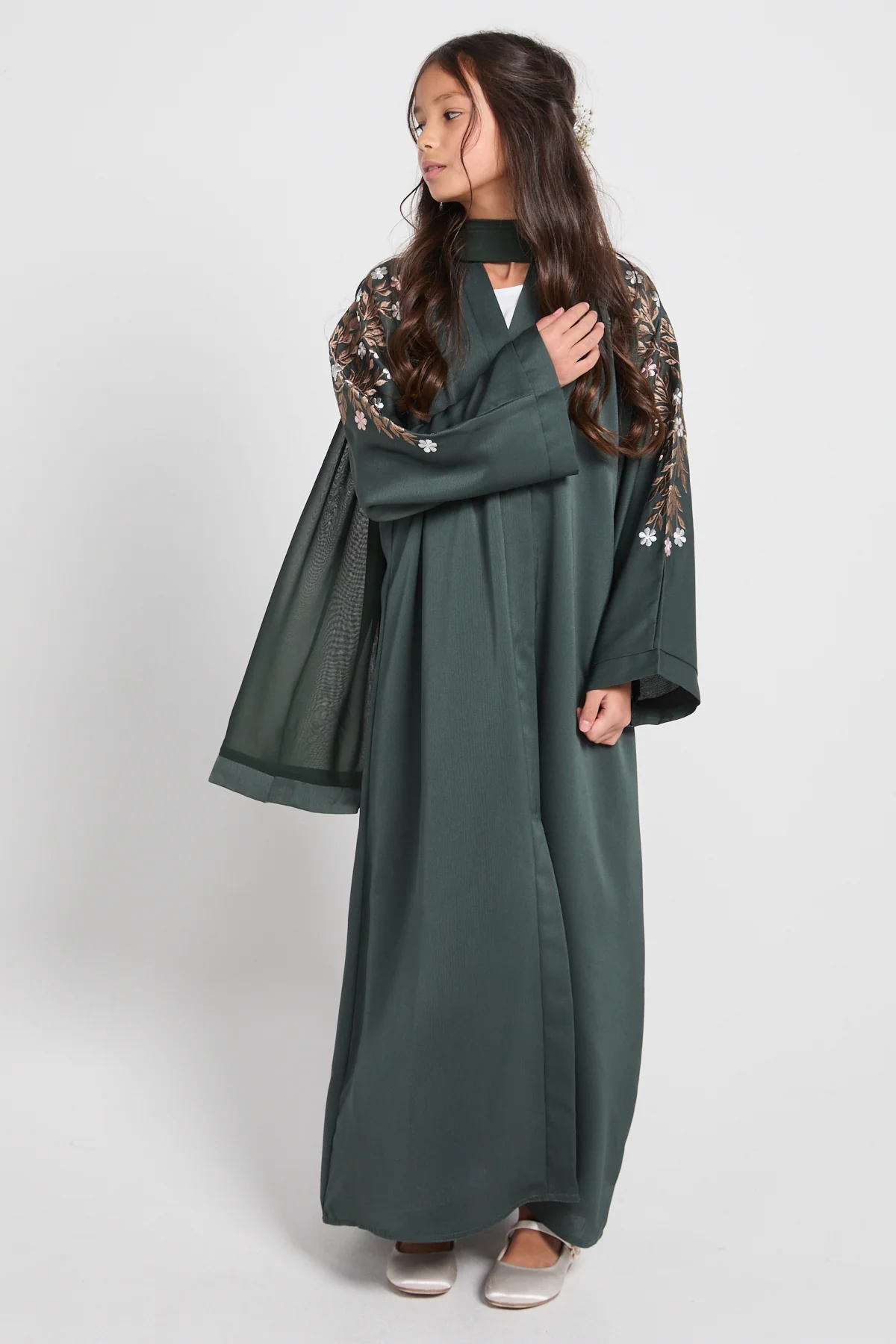 Junior Girls Mallard Green Textured Floral Embroidered Open Abaya - Image 7
