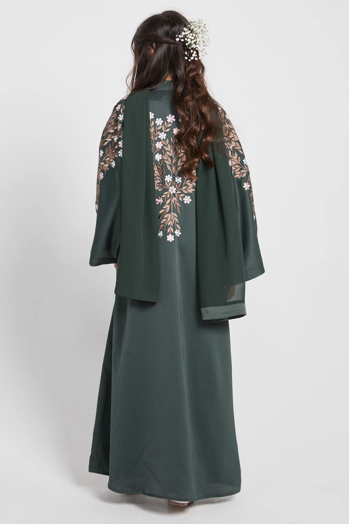 Junior Girls Mallard Green Textured Floral Embroidered Open Abaya - Image 8