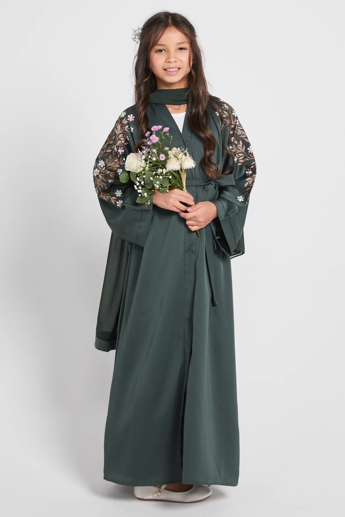 Junior Girls Mallard Green Textured Floral Embroidered Open Abaya - Image 9