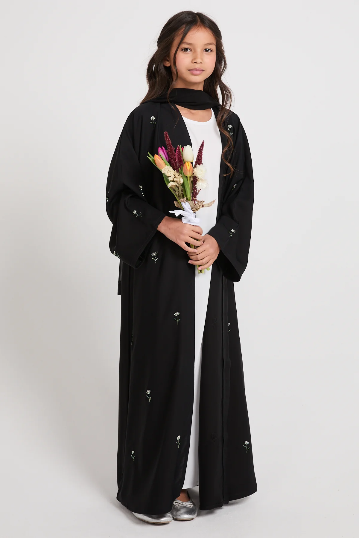 Junior Girls Midnight Bloom Embellished Open Abaya - Black - Image 3