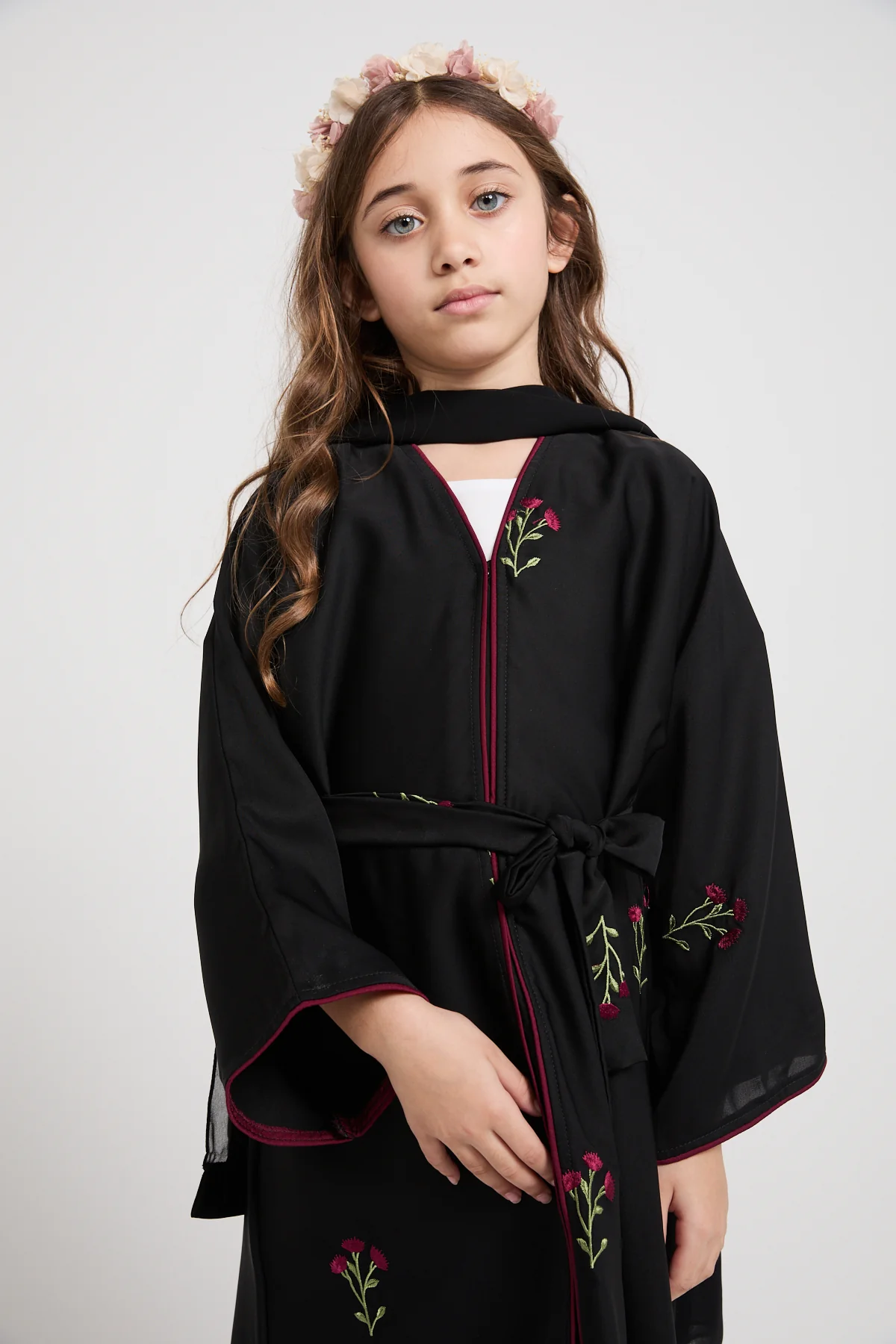 Junior Girls Noir Rose Embroidered Open Abaya - Image 2