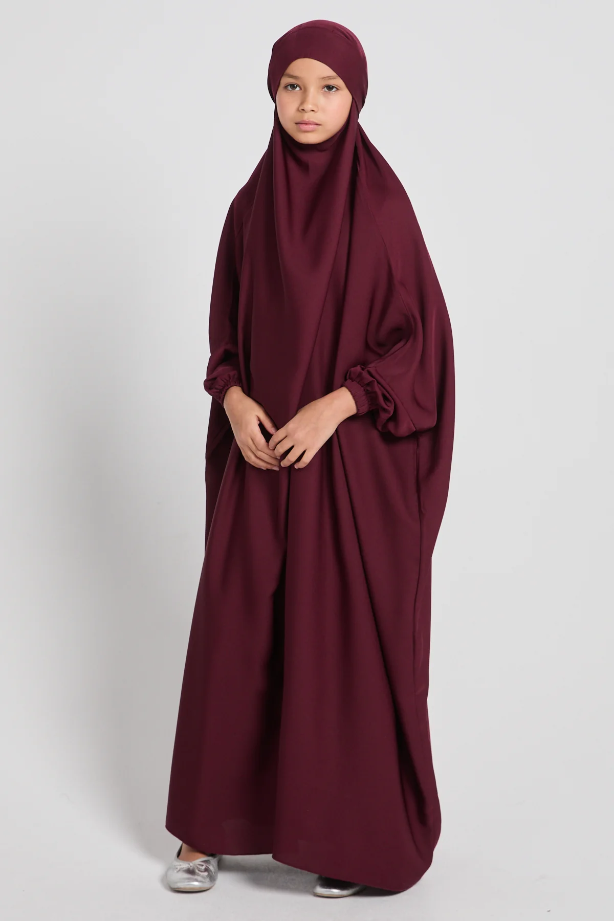 Junior Girls One Piece Full Length Jilbab/ Prayer Abaya - Burgundy Rose - Image 7