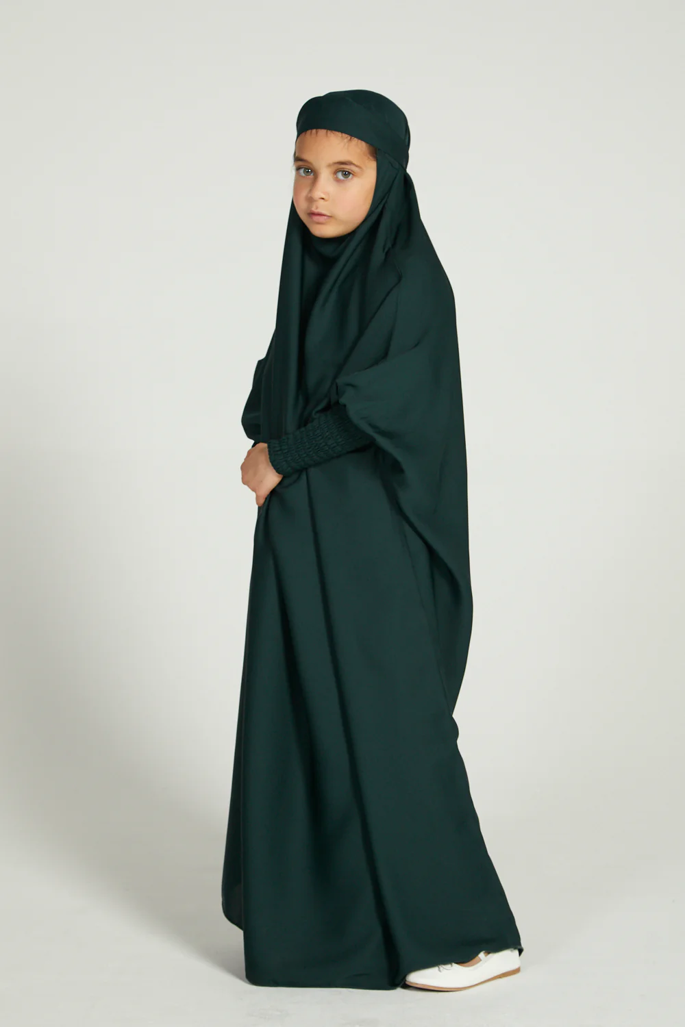 Junior Girls One Piece Full Length Jilbab/ Prayer Abaya - Forest Green - Image 3