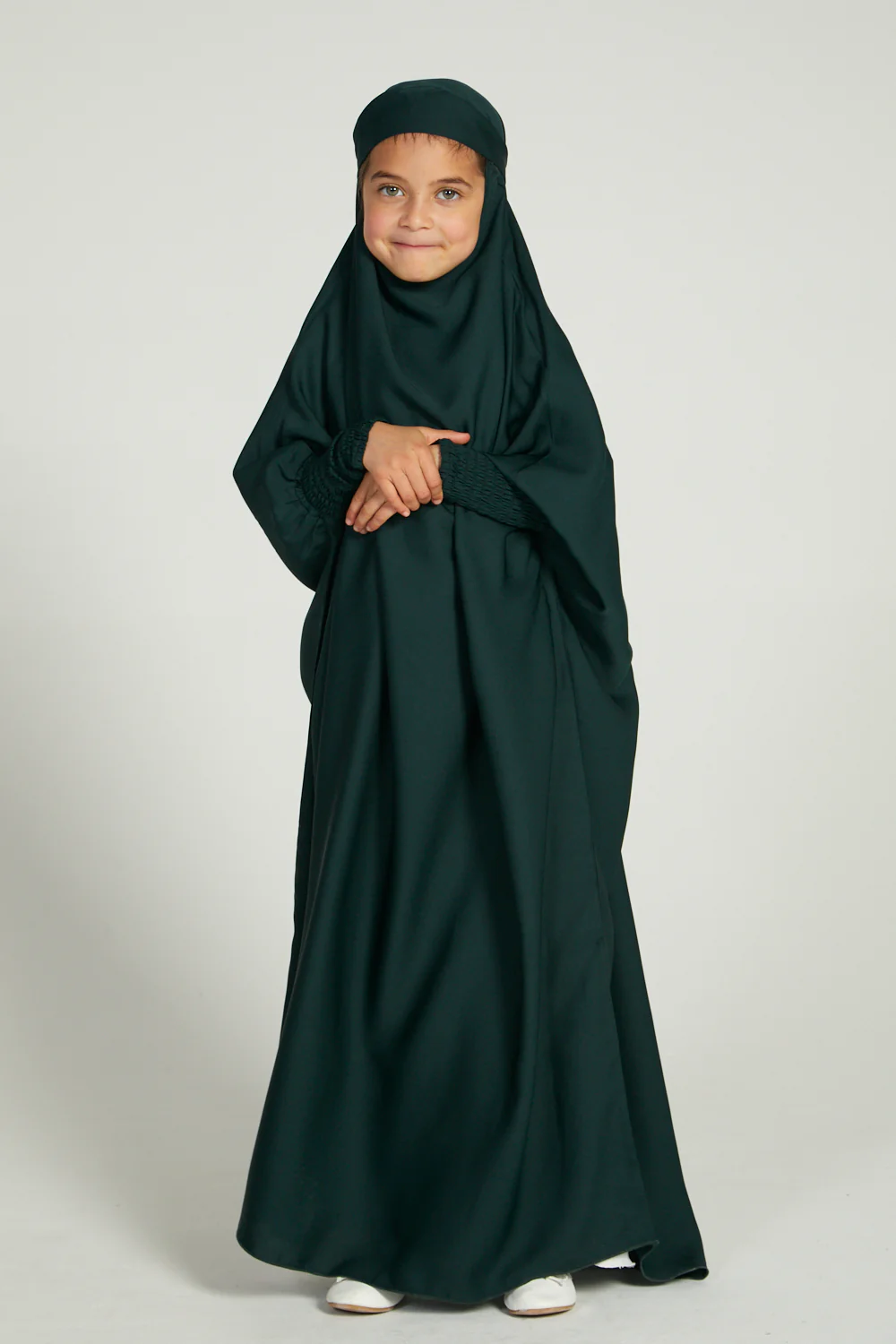 Junior Girls One Piece Full Length Jilbab/ Prayer Abaya - Forest Green - Image 4