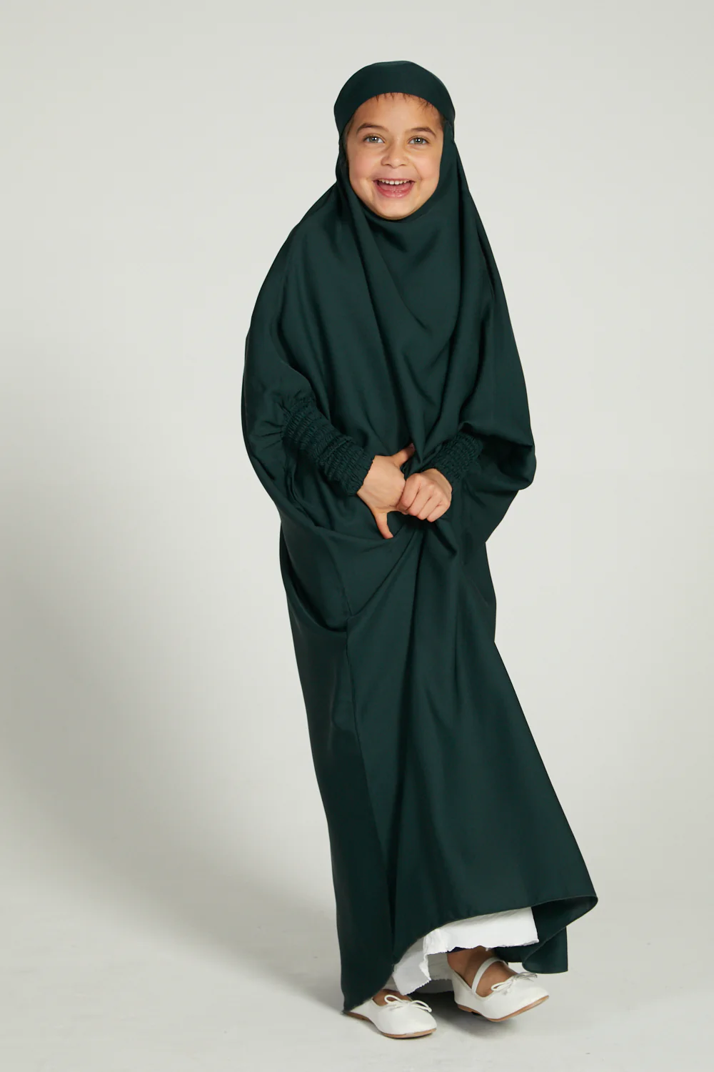 Junior Girls One Piece Full Length Jilbab/ Prayer Abaya - Forest Green - Image 5