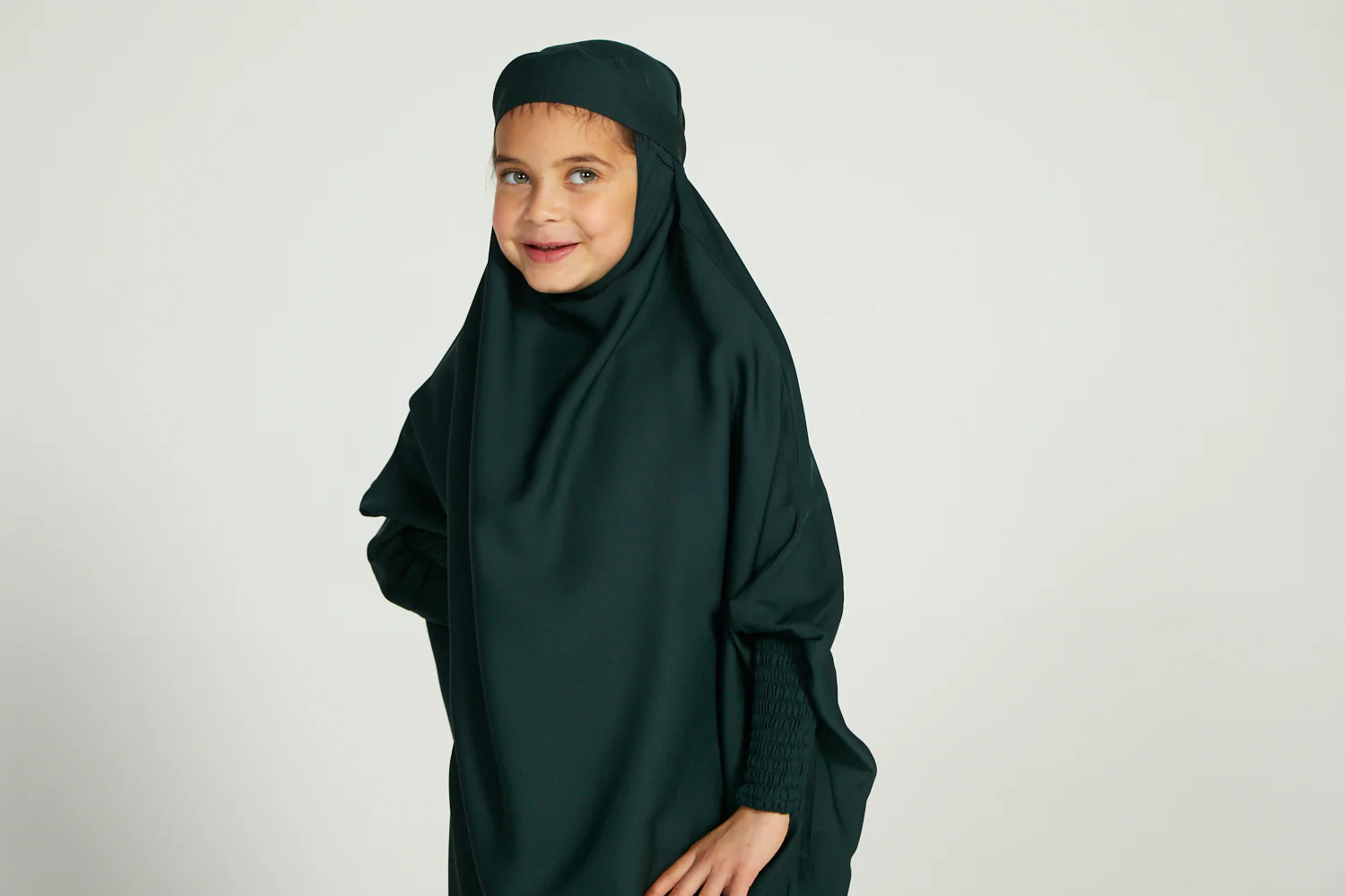 Junior Girls One Piece Full Length Jilbab/ Prayer Abaya - Forest Green - Image 7