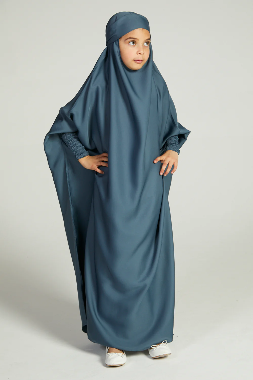 Junior Girls One Piece Full Length Jilbab/ Prayer Abaya - French Blue - Image 3