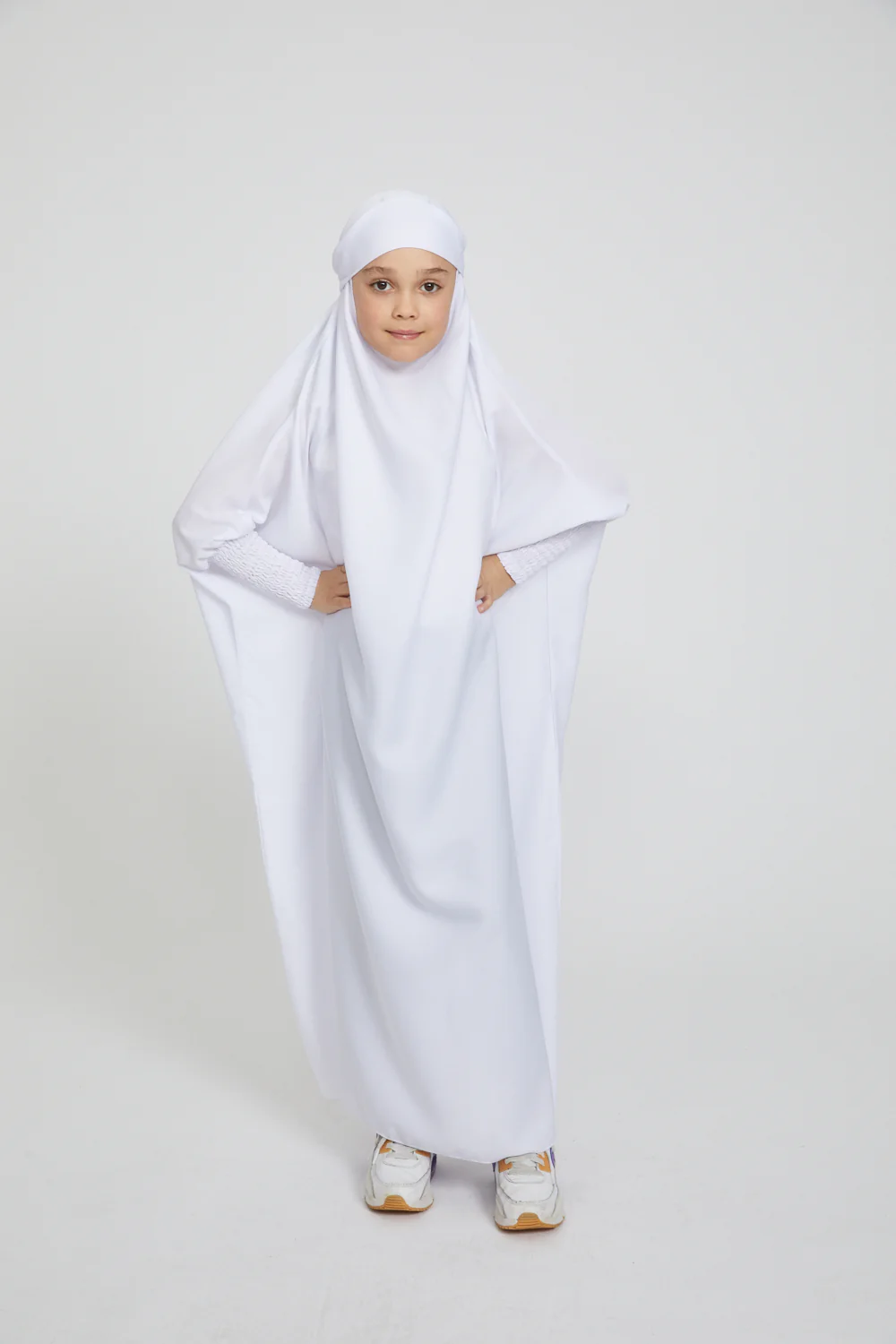 Junior Girls One Piece Full Length Jilbab/ Prayer Abaya - Pure White - Image 4