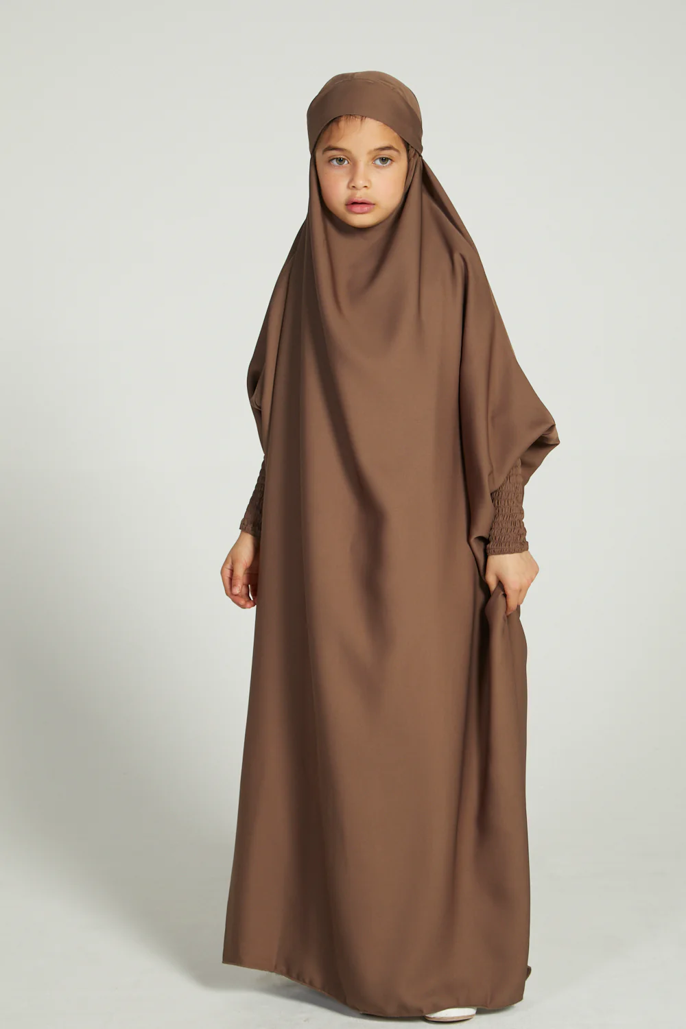 Junior Girls One Piece Full Length Jilbab/ Prayer Abaya - Smokey Taupe - Image 3
