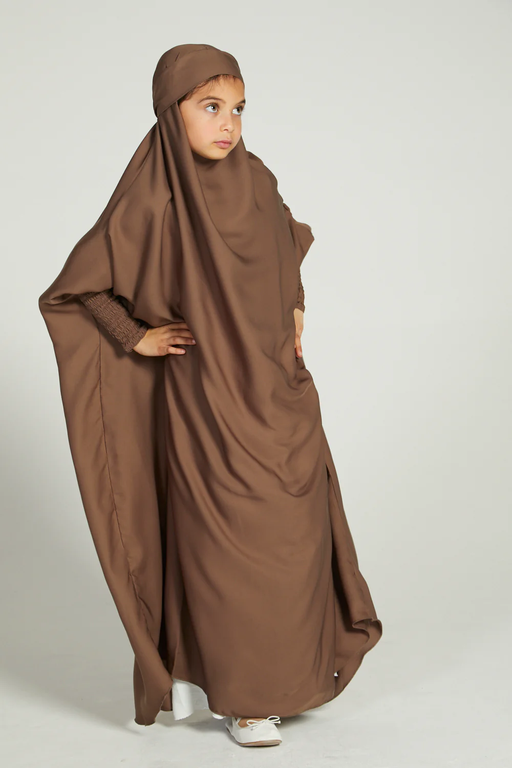Junior Girls One Piece Full Length Jilbab/ Prayer Abaya - Smokey Taupe - Image 4