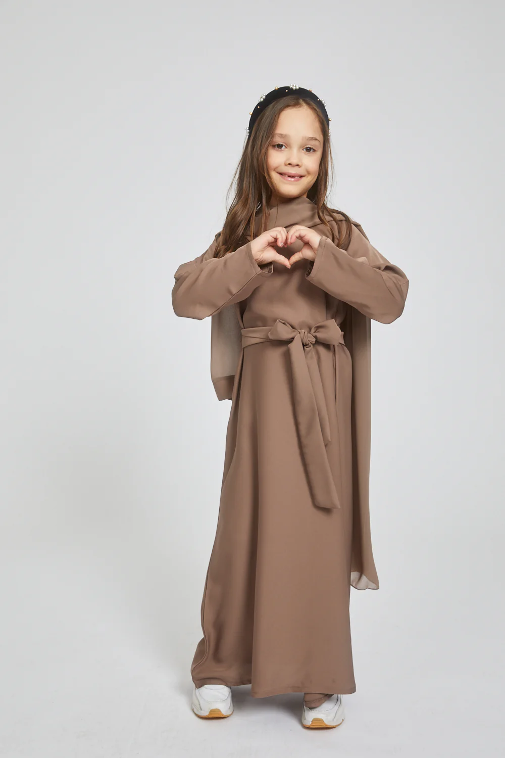 Junior Girls Plain Closed Abaya - Coffee - Image 3