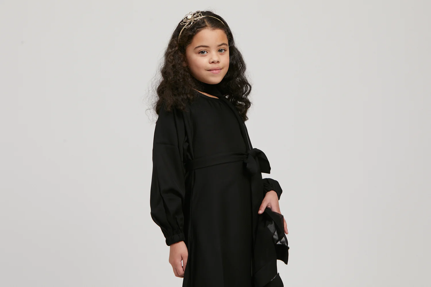 Junior Girls Plain Closed Abaya with Elasticated Cuffs - Black - Image 8