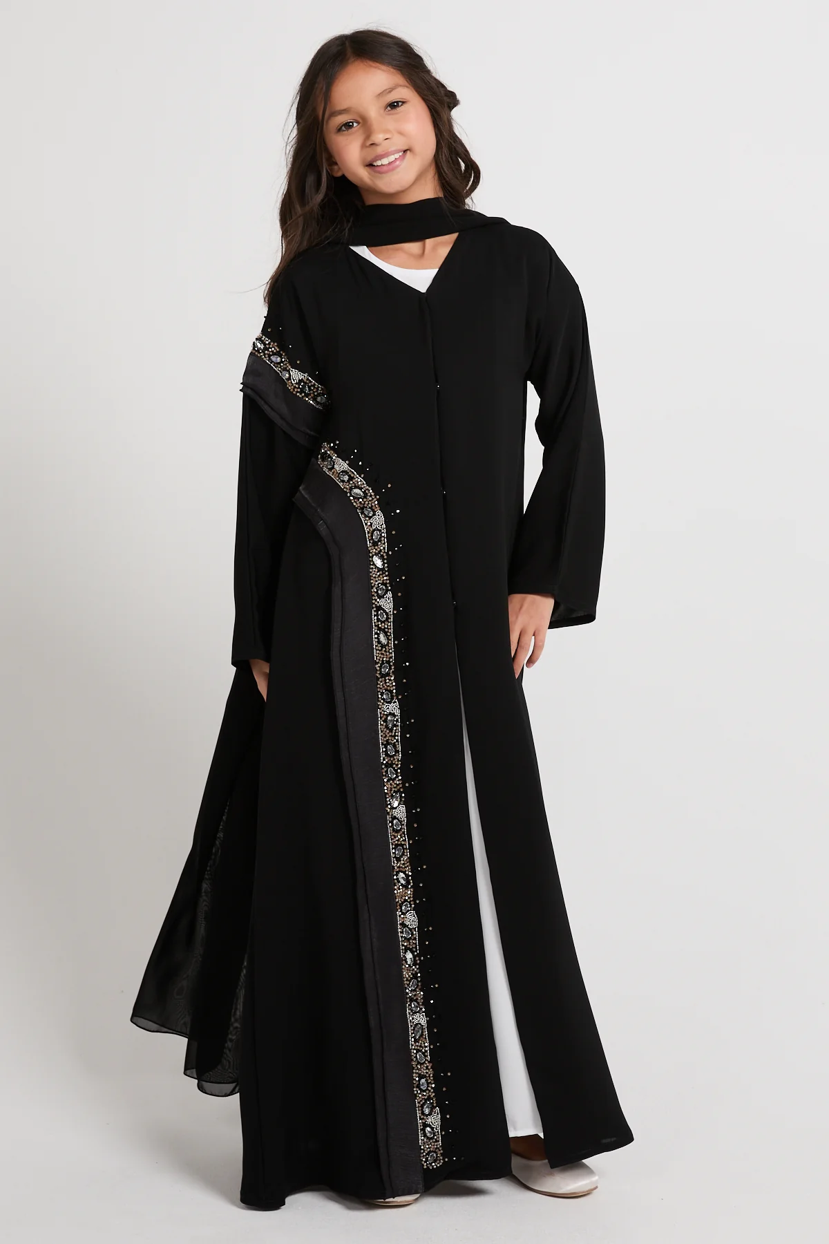 Junior Girls Premium Aurora Jewel Open Abaya with Organza Detail - Black