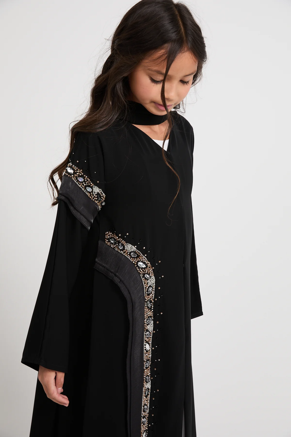 Junior Girls Premium Aurora Jewel Open Abaya with Organza Detail - Black - Image 2
