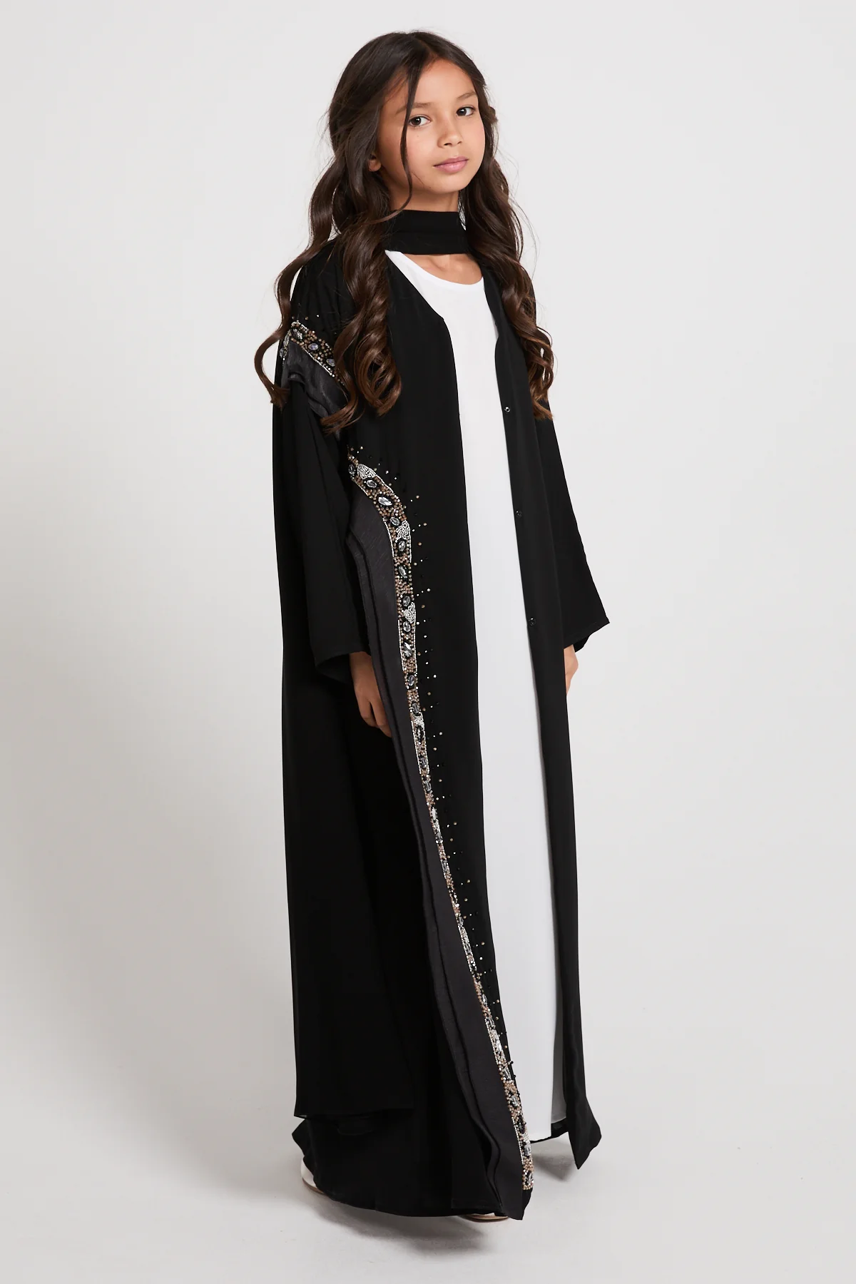 Junior Girls Premium Aurora Jewel Open Abaya with Organza Detail - Black - Image 3
