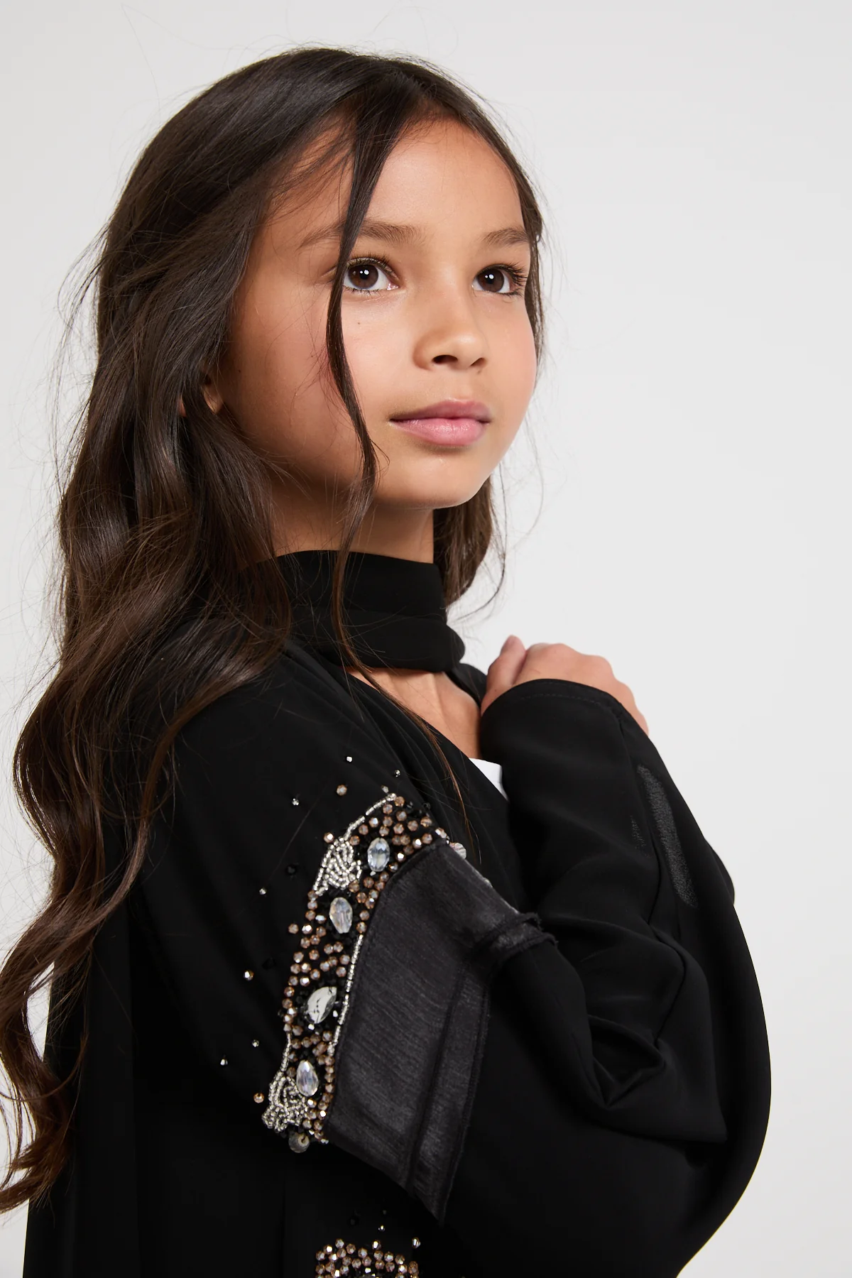 Junior Girls Premium Aurora Jewel Open Abaya with Organza Detail - Black - Image 6