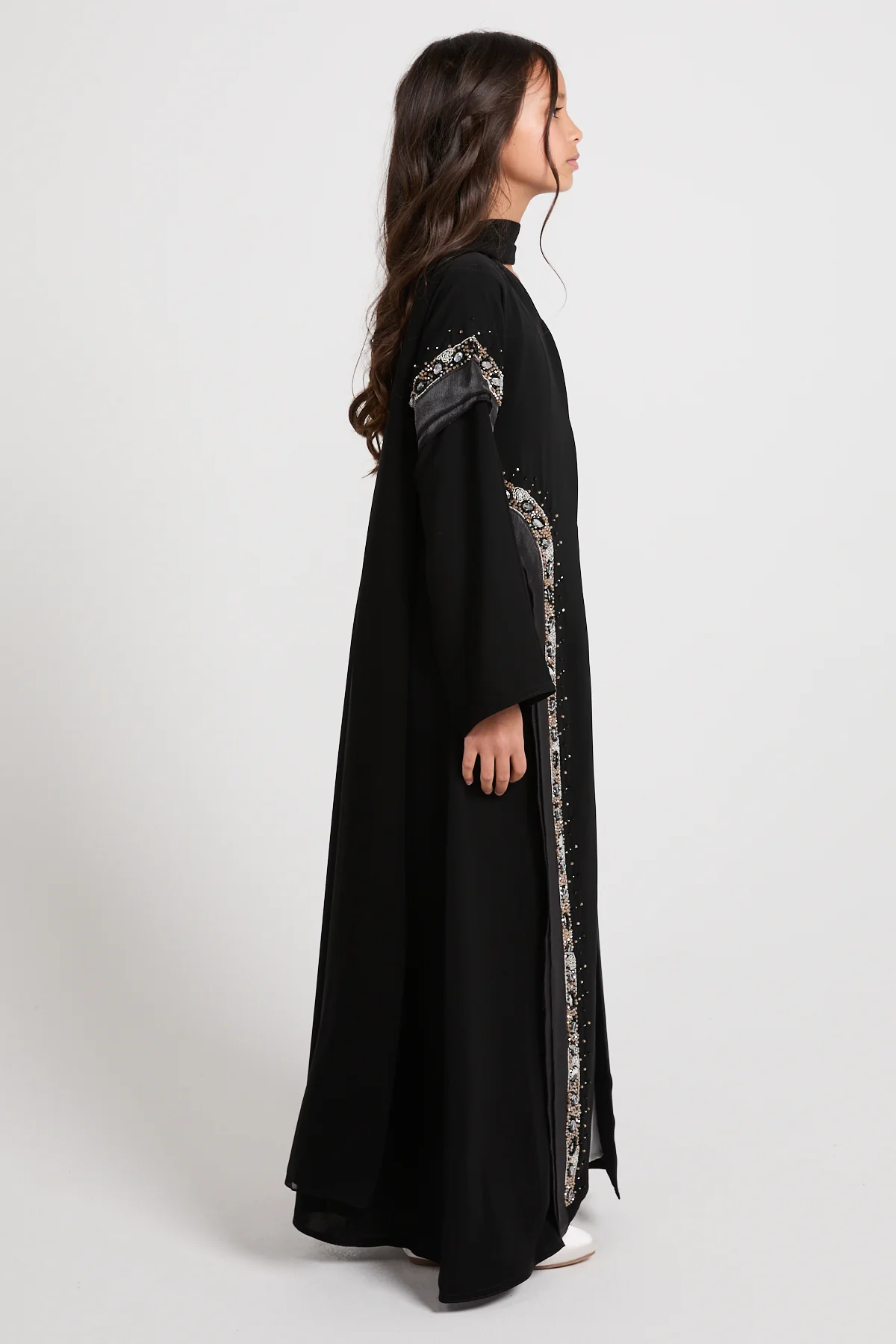 Junior Girls Premium Aurora Jewel Open Abaya with Organza Detail - Black - Image 7