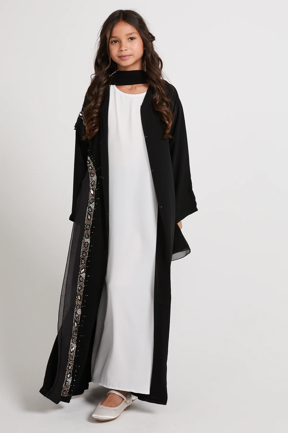 Junior Girls Premium Aurora Jewel Open Abaya with Organza Detail - Black - Image 8