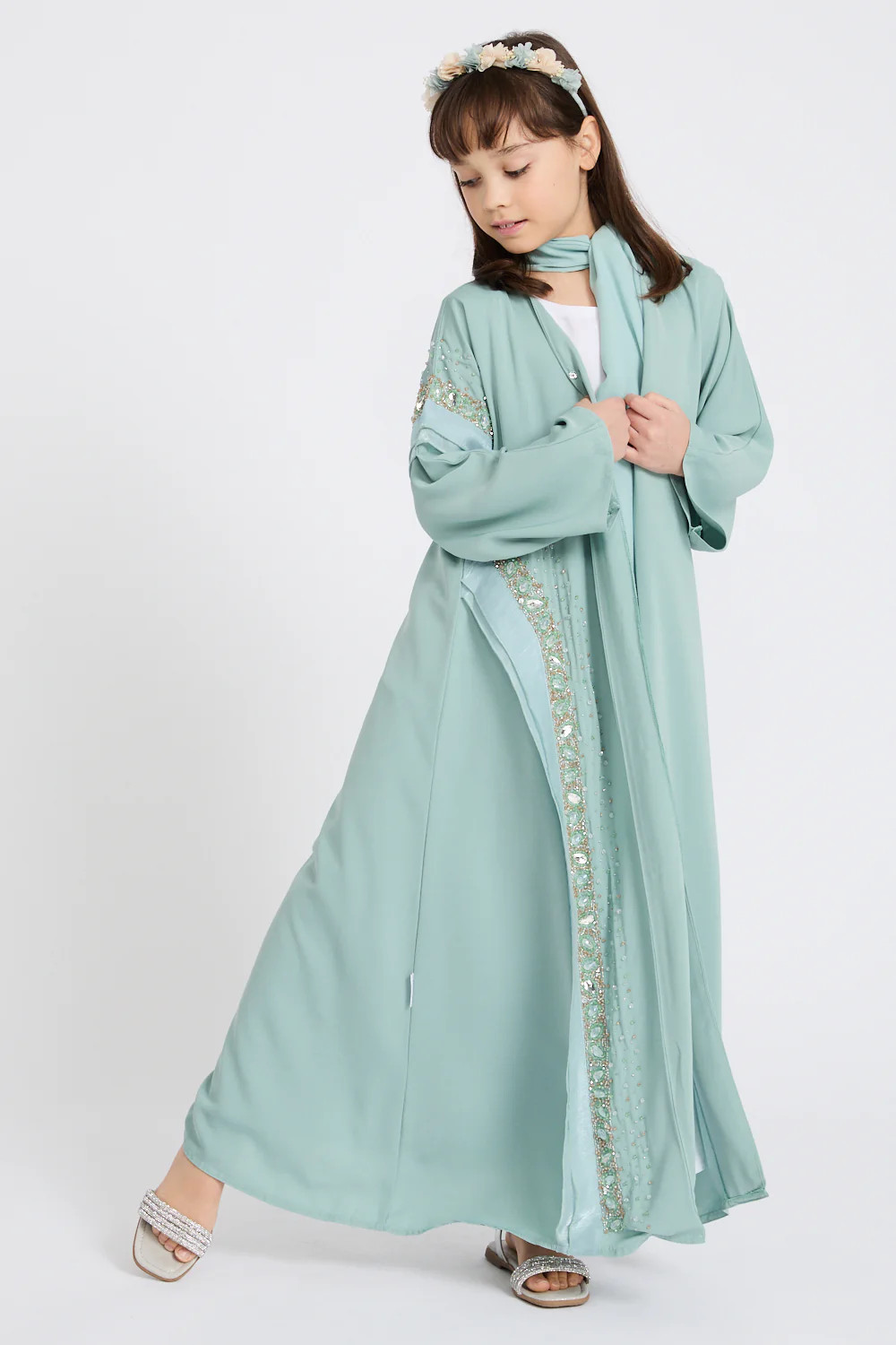 Junior Girls Premium Aurora Jewel Open Abaya with Organza Detail - Minted Blossom