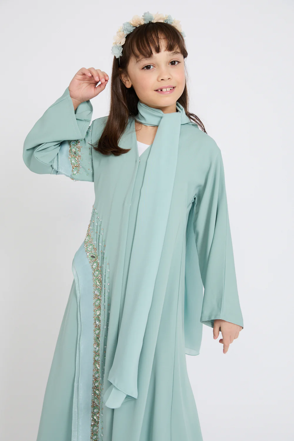 Junior Girls Premium Aurora Jewel Open Abaya with Organza Detail - Minted Blossom - Image 2