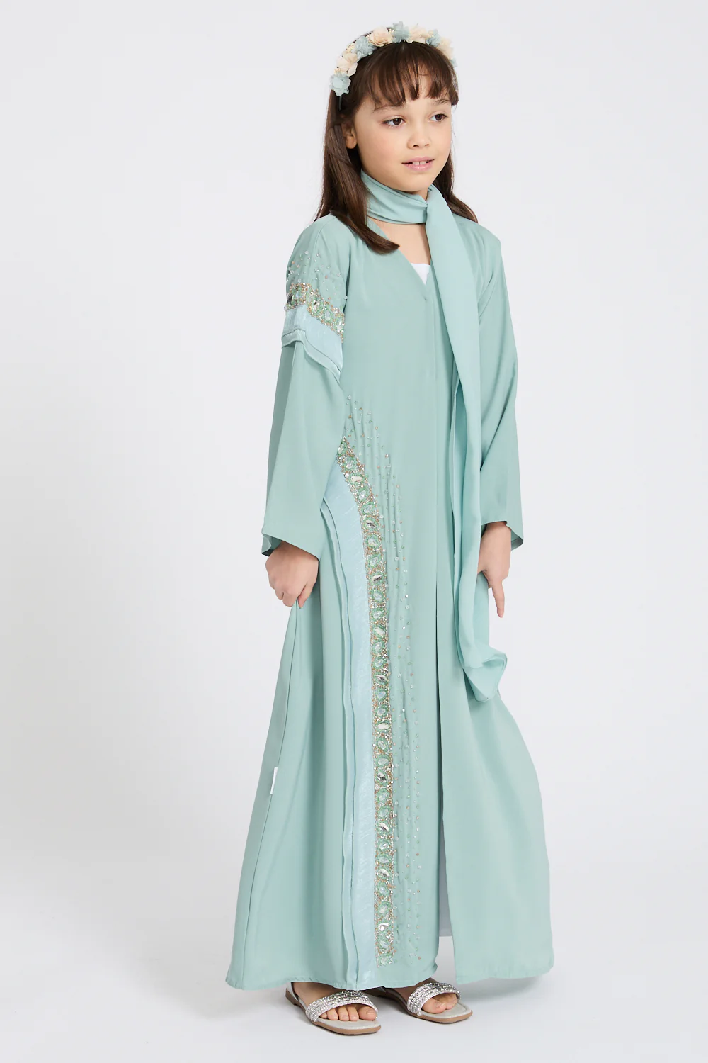 Junior Girls Premium Aurora Jewel Open Abaya with Organza Detail - Minted Blossom - Image 5